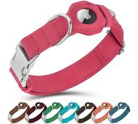 BUDKAS Leather Cat Collar with Airtag Holder - Non Breakaway Soft Adjustable Airtag Dog Collar with Metal Buckle - GPS Tracking Pet Collar for Small Dogs Puppy Cats Kitten (Pink, XXS, 8"-11" Neck Fit)