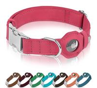 BUDKAS Leather Dog Collar with Airtag Holder - Soft Adjustable Airtag Dog Collar with Metal Buckle - GPS Tracking Pet Collar for Small Large Dogs Puppies Cats (Pink, XS, 9"-12" Neck Fit)