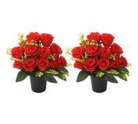 Budstfee Cemetery Flowers, 2Pcs Grave Flower Pots 12 Heads Artificial Red Rose Cemetery Flowers, Fake Funeral Grave Flowers for Memorial Cemetery Indoor and Outdoor Flower Decoration, Grave Flowers