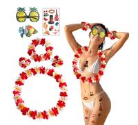 Budstfee Flower Leis, Hawaiian Garland Hawaiian Leis Flower Necklace Bracelets for Tropical Luau Beach Party Decorations 7PCS Red and White
