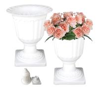 Budstfee Plastic Urn Planter, 2PCS 13.8 Inch Plastic White Garden Planter Urns with Pedestal Vase Retro Wedding Flower Pot Classic Decorative Outdoor Planter for Wedding Church, White Urn Planter