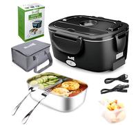 Budth 80W Electric Lunch Box, Portable Food Warmer for Car Truck Office, 12V 24V 220V Adapter, Leak Proof, 304 Stainless Steel Container, SS Fork & Spoon and Carry Bag