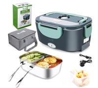 Budth 80W Electric Lunch Box, Portable Food Warmer for Car Truck Office, 12V 24V 220V Adapter, Leak Proof, 304 Stainless Steel Container, SS Fork & Spoon and Carry Bag (GreyGreen)
