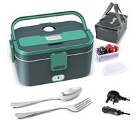 Budth 80W Electric Lunch Box, Portable Food Warmer for Car Truck Office, 12V 24V 220V Adapter, Leak Proof, 304 Stainless Steel Container, SS Fork & Spoon and Carry Bag (GrayGreen)