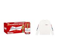Budweiser Lager Beer Can, 10 x 440ml + Budweiser Crest Long Sleeve T-Shirt White XL Bundle