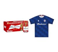 Budweiser Lager Beer Can, 10 x 440ml + Budweiser Jersey Blue Large Men's Shirt Bundle