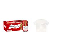 Budweiser Lager Beer Can, 10 x 440ml + Budweiser Modern T-Shirt White XXL Men's Short Sleeve Cotton Bundle