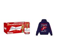 Budweiser Lager Beer Can, 10 x 440ml + Budweiser VINTAGE HOODIE Medium Blue Bundle