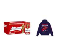 Budweiser Lager Beer Cans, 15 x 440ml + Budweiser VINTAGE HOODIE Large Blue