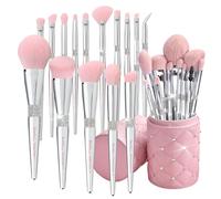 Bueart Design Elegant pink Ultra soft labeled Makeup Brushes Sets with Brush Holder makeup brush set with Foundation Powder blush blending contour Brush (15Pcs Silver Pink+Holder)