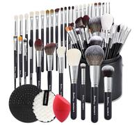 Bueart Design Pro makeup Artist 34Pcs Deluxe Real Goat Hair Horse hair Makeup Brushes Set with extra Large Holder High End Professional labeled makeup brush set with natural Pony Hair