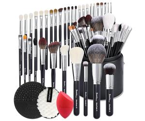 Bueart Design Pro makeup Artist 34Pcs Deluxe Real Goat Hair Horse hair Makeup Brushes Set with extra Large Holder High End Professional labeled makeup brush set with natural Pony Hair