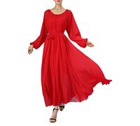 BUENOS NINOS Women Chiffon Elegant Vintage Long Maxi Dress with Belt Casual Long Sleeve Prom Ball Gown Wedding Party Dresses Red S