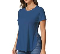 BUENOS NINOS Womens T Shirts Casual Basic Crew Neck Tees Short/Long Sleeve Tunic Tshirt Tops with Side Split Slit, Blue, M