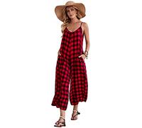 BUENOS NINOS Women's V Neck Floral Maxi Dress Boho Printed Adjustable Spaghetti Strap Ethnic Beach Long Dress with Pockets, Red Black Buffalo Plaid Jumpsuit, XL
