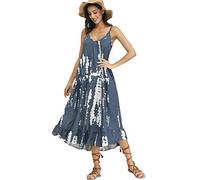 BUENOS NINOS Women's V Neck Floral Summer Dress Boho Printed Adjustable Spaghetti Strap Beach Short Dress with Pockets, Tie Dye Grey, XXL