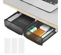 BUENTYA 2Pcs Under Desk Drawers, Self-Adhesive Under Desk Storage Organizer Box Slide-Out Under Table Drawer Large Capacity