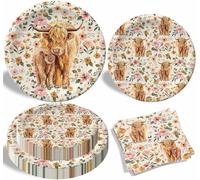 Buerhanerry Highland Cow Party Plates Napkins, Boho Floral Highland Cow Baby Shower Decorations for 24 Guests, Disposable Tableware for Farmhouse Theme Birthday Party Supplies, PZ002