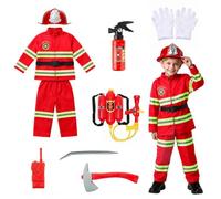 BUERPINKING Children's Fire Brigade Costume, 10 Pieces, Firefighter Costume with Gloves, Fire Brigade Costume Children for Boys and Girls, Halloween, Carnival, Firefighter Chief, Cosplay