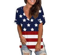 Buetory American Flag Shirts Womens Summer Tops Short Sleeve V Neck T-Shirt Side Split Star Stripes USA Flag Patriot Tees Blouse(Blue,Large)
