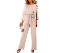Buetory Elegant Jumpsuits for Women Casual Dressy Loose Batwing Sleeve Belted Romper Jumpsuits Wide Leg Long Pants Playsuits(Beige,Small)