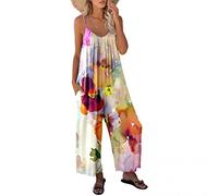Buetory Floral Flowy Wide Leg Jumpsuits for Women Loose Sleeveless Spaghetti Strap Stretchy Long Pant Overalls Rompers Playsuit(Yellow,X-Large)