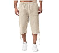 Buetory Men 3/4 Linen Cotton Capri Pants Elastic Waist Casual Loose Baggy Harem Pant Summer Beach Yoga Shorts Cropped Trousers(Khaki,X-Large)