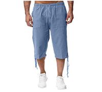 Buetory Men 3/4 Linen Cotton Capri Pants Elastic Waist Casual Loose Baggy Harem Pant Summer Beach Yoga Shorts Cropped Trousers(Blue,X-Large)
