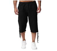 Buetory Men 3/4 Linen Cotton Capri Pants Elastic Waist Casual Loose Baggy Harem Pant Summer Beach Yoga Shorts Cropped Trousers(Black,Medium)