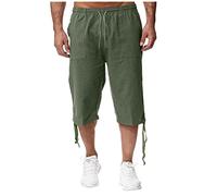 Buetory Men 3/4 Linen Cotton Capri Pants Elastic Waist Casual Loose Baggy Harem Pant Summer Beach Yoga Shorts Cropped Trousers(Army Green,XX-Large)