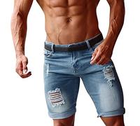 Buetory Mens Biker Shorts Casual Denim Stretch Slim Fit Vintage Washed Distressed Ripped Skinny Jean Shorts Knee Length (Blue,XX-Large)