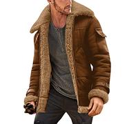 Buetory Mens Casual Fleece Sherpa Lined Suede Leather Trucker Jackets Casual Faux Shearling Sheepskin Bomber Jacket Western Cowboy Windproof Ski Snow Winter Coat Outerwear Khaki