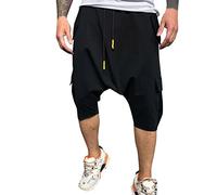 Buetory Men's Drawstring 3/4 Harem Workout Jogger Hippie Drop Crotch Loose Baggy Cargo Capri Yoga Pants Plus Size(Black,Medium)