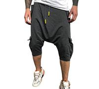 Buetory Men's Drawstring 3/4 Harem Workout Jogger Hippie Drop Crotch Loose Baggy Cargo Capri Yoga Pants Plus Size(Dark Grey,XX-Large)