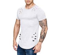 Buetory Mens Hipster Hip Hop Ripped Round Hemline Hole T Shirts Short Sleeve Solid Color Workout Athletic Tops Casual Summer(White,Large)