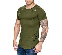 Buetory Mens Hipster Hip Hop Ripped Round Hemline Hole T Shirts Short Sleeve Solid Color Workout Athletic Tops Casual Summer(Army Green,Large)