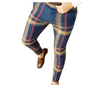 Buetory Mens Plaid Chinos Slim Fit Stretch Flat-Front Skinny Dress Pants for Work Business Tapered Leg Checkered Skinny Pants(A02-Yellow,Large)