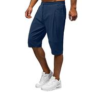 Buetory Mens Shorts Cotton Linen Beach Yoga Pants Below Knee Length Casual Loose 3/4 Capri Pants with Elastic Waist and Pockets(Blue,Medium)