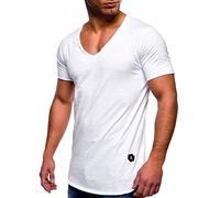 Buetory Mens V-Neck Muscle T Shirts Casual Slim Fit Gym Bodybuilding Workout Athletic Tops Fitted Hipster Longline T-Shirts(White,Large)