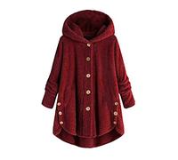 Buetory Plus Size Hooded Faux Fur Coats for Women Long Teddy Bear Jacket Button Fluffy Plush Pullover Tops Cardigan Sweater Wine
