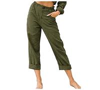 Buetory s Tapered Pants Cotton Linen Drawstring Elastic Waist Pants Loose Summer Beach Yoga Lounge Trousers with Pockets, Y-army Green