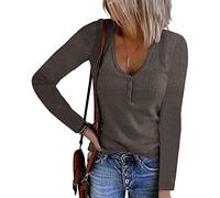 Buetory Shirts for Teen Girls, Women Long Sleeve Henley T Shirts Button Down Slim Fit Casual Tops V-Neck Ribbed Knit Tunic Shirts(Khaki,X-Large)