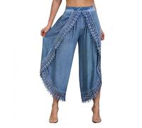 Buetory Summer Boho Solid Color Layered Wide Leg Lounge Pants Side Split Elastic Waist Loose Casual Beach Palazzo Pant Capris(Blue,X-Large)