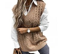 Buetory Women V Neck Knit Sweater Vest Sofy Cozy Slouchy Sleeveless Oversized Checked Cable Knit Thermal Tank Tops(Beige,X-Large)
