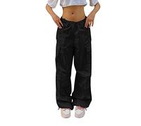 Buetory Womens Baggy Cargo Pants Y2K Jeans Mid Waist Parachute Pants Teen Girls Baggy Loose Casual Hip Hop Drawstring Joggers Streetwear(Black,Small)