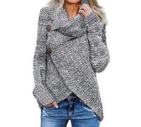 Buetory Womens Button Cowl Neck Sweaters Winter Heavyweight Chunky Knit Asymmetric Hem Loose Fit Turtleneck Pullover Sweaters Plus Size(Grey,3X-Large)