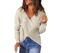 Buetory Womens Casual Deep V Neck Long Sleeve Cross Wrap Sweater Pullover Backless Loose Warm Autumn Winter Thermal Knitted Sweater Tops(Beige,Medium)