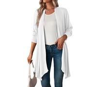 Buetory Womens Casual Lightweight Open Front Cardigans Soft Draped Ruffles 3/4 Sleeve Asymmetric Hem Loose Cardigan Kimono Jackets(White,Small)