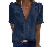 Buetory Women's Elegant V Neck Lace Crochet Tunic Tops Casual Loose Short Sleeve Vintage Lace Flowy Shirts Blouse Navy