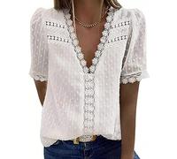 Buetory Women's Elegant V Neck Lace Crochet Tunic Tops Casual Loose Short Sleeve Vintage Lace Flowy Shirts Blouse White
